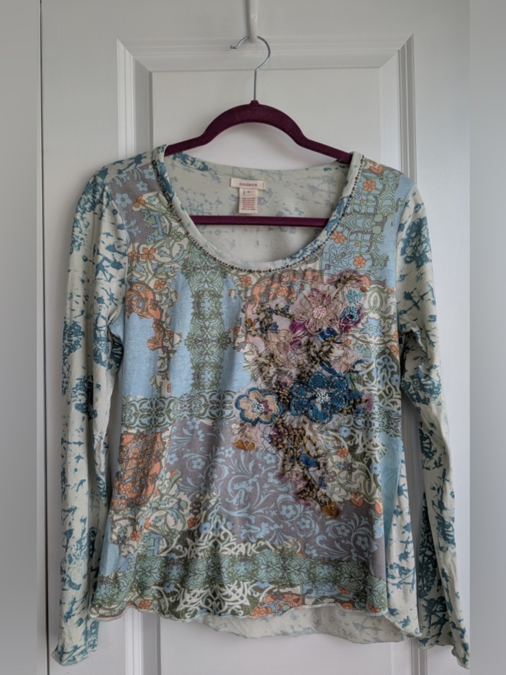 Sundance Women’s Blue Floral Embroidered Beaded Patchwork Long Sleeve Top Small